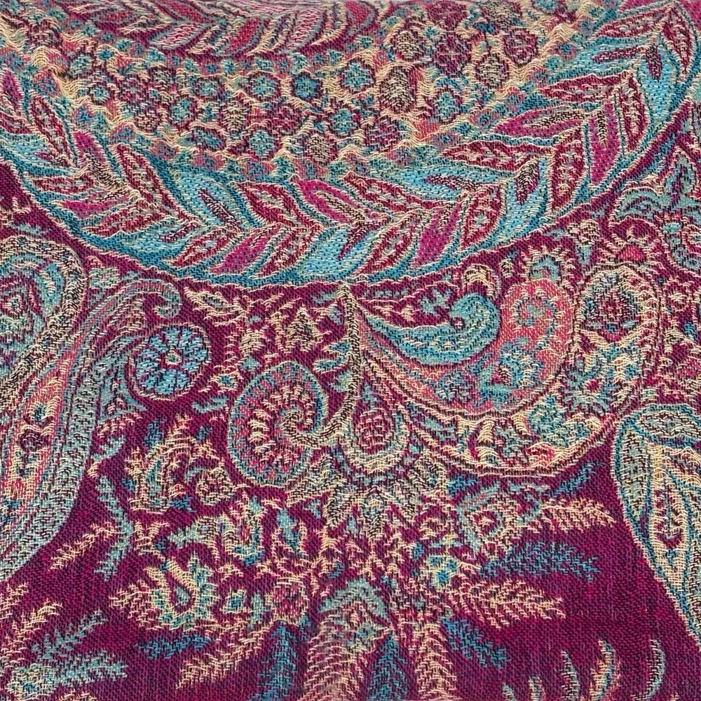 Pashmina Paisley Fuchsia Pink Teal Blue Jewel Tone Boho Silk Blend Scarf Wrap OS